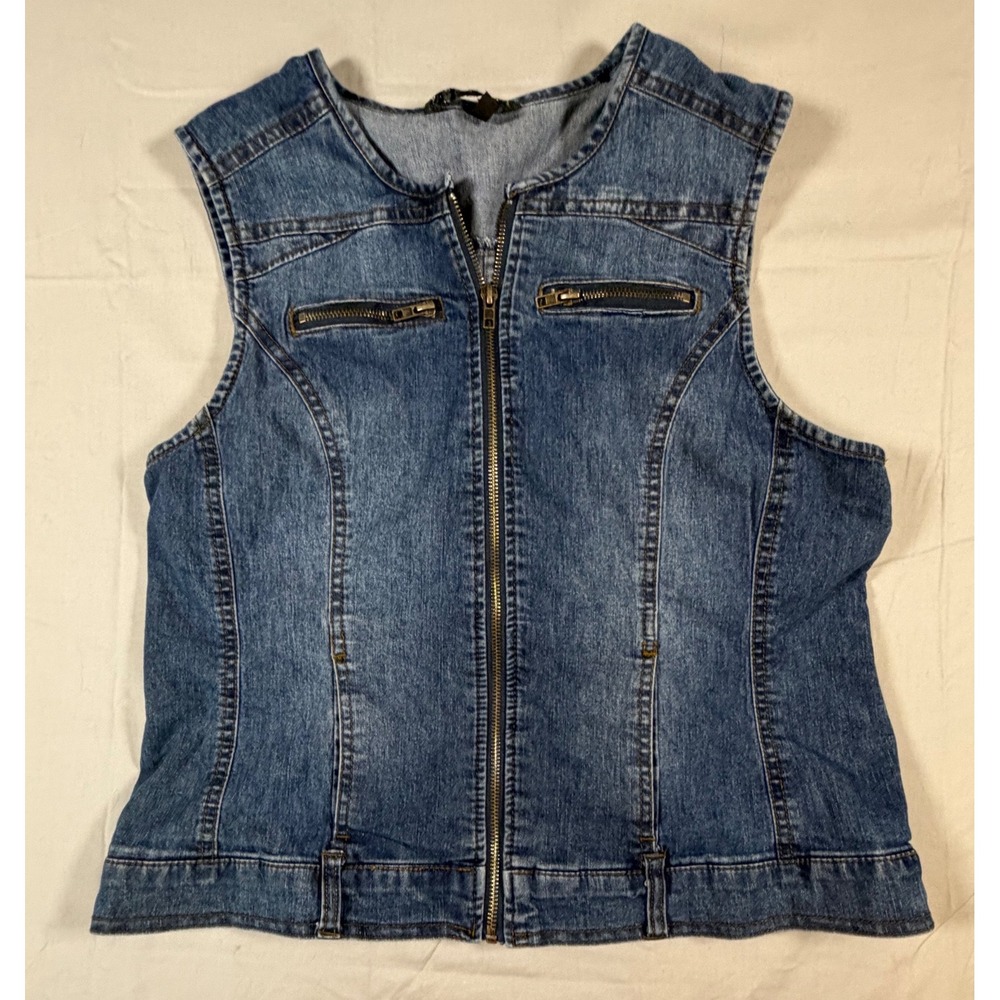 Baccini Womens Medium Wash Zip Up Denim Vest Blue Size Large Stretch Sleeveless